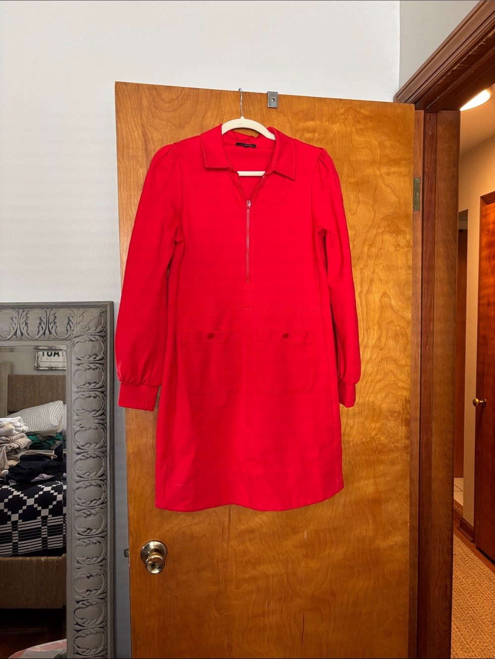 ME+EM Bright Red Long Sleeve Collared Shift Dress with Front Zip